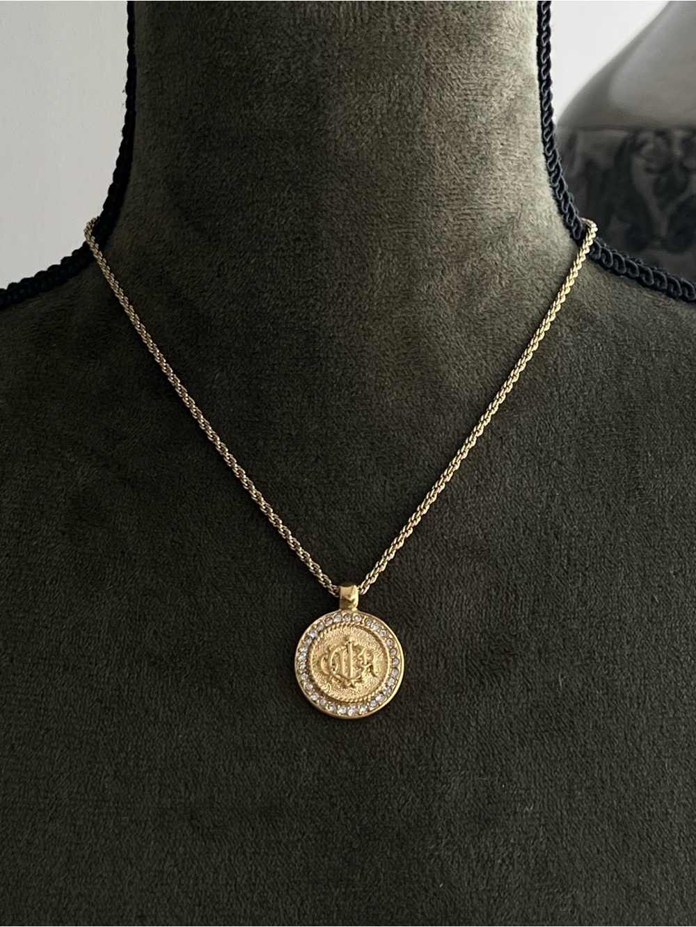 Vintage Christian Dior Classic Logo Monogram Medallion Round Gold Chain Necklace